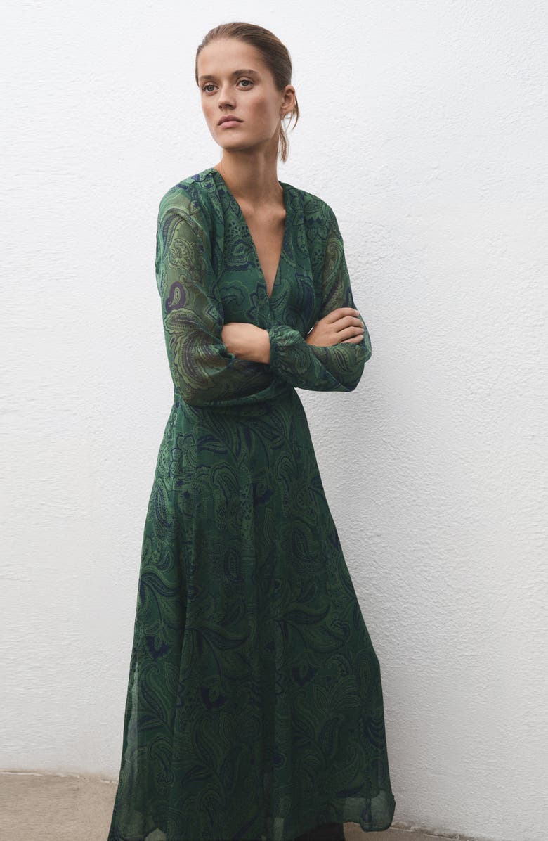 MANGO Print Long Sleeve Maxi Dress, Alternate, color, Green