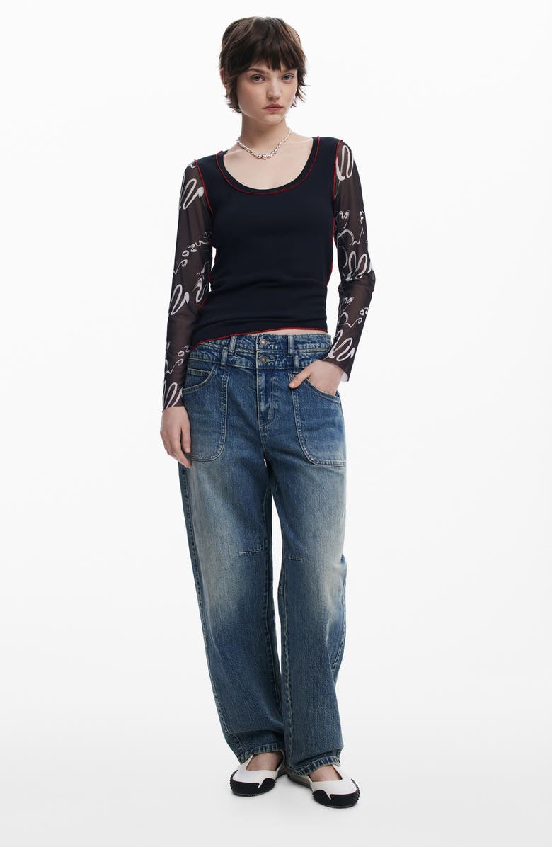 Desigual Floral Jacquard Bell Sleeve Top, Alternate, color, 