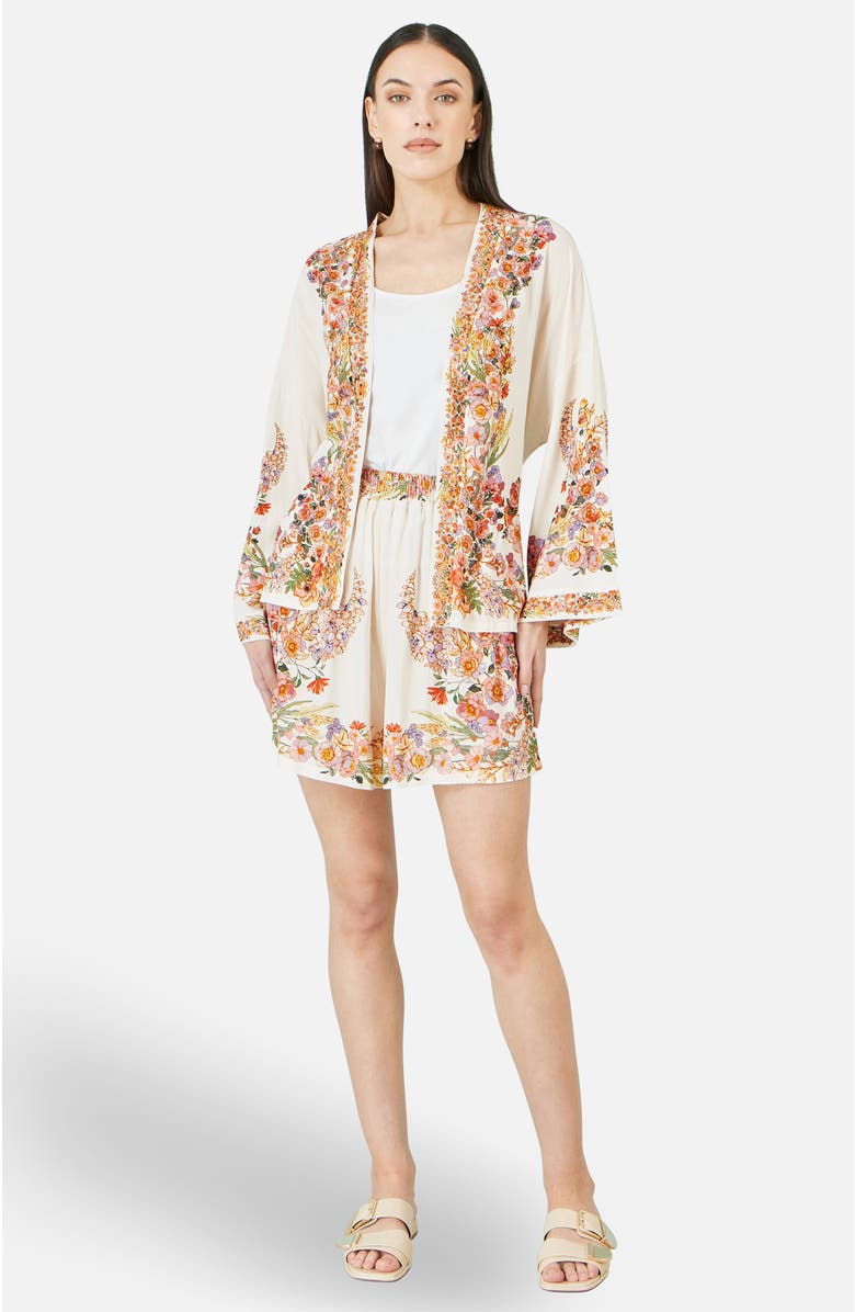 Yumi Viscose Floral Border Belted Cover-Up, Alternate, color, Ivory