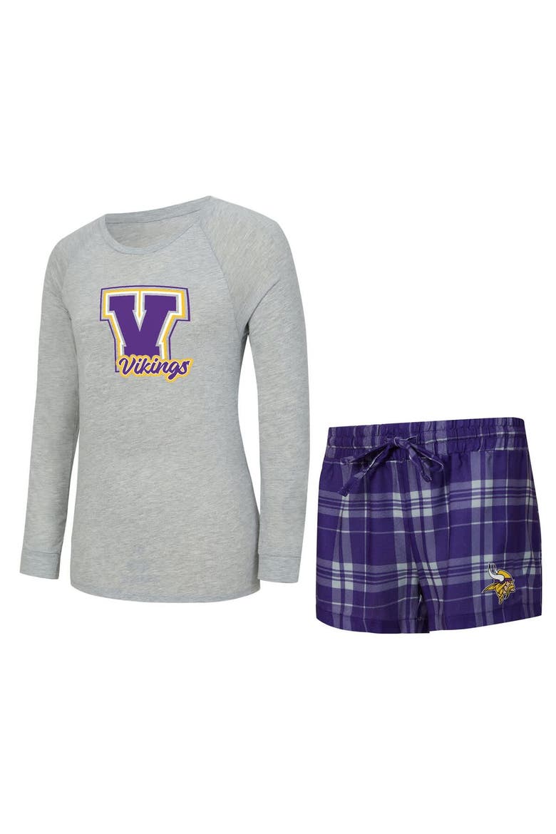 Women's Concepts Sport  Heather Gray/Purple Minnesota Vikings Regulate Plaid Long-Sleeve T-Shirt & Shorts Sleep Set, Main, color, Heather Gray