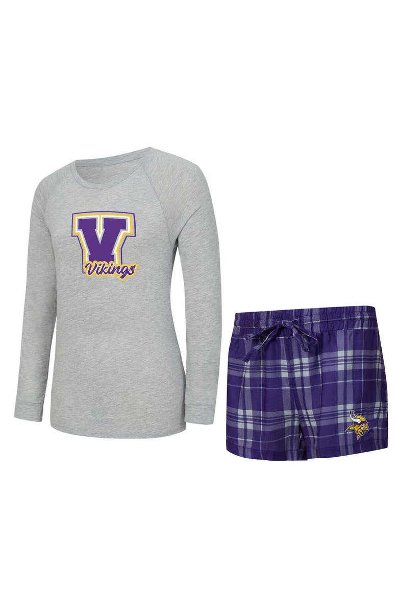 CONCEPTS SPORT Women's Concepts Sport  Heather Gray/Purple Minnesota Vikings Regulate Plaid Long-Sleeve T-Shirt & Shorts Sleep Set, Main, color, Heather Gray