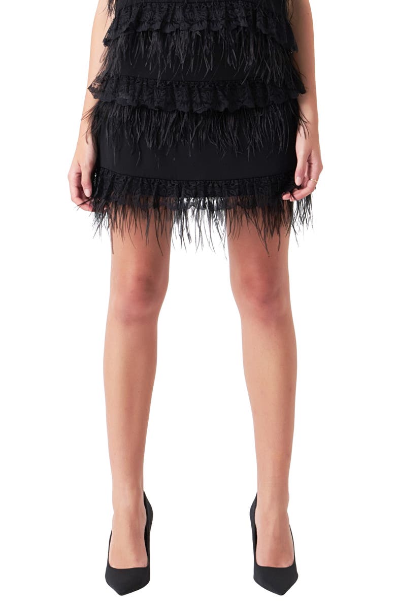 Endless Rose Lace & Feather Miniskirt, Main, color, Black