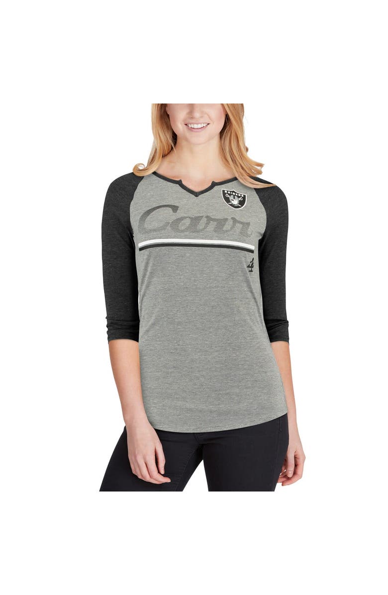 Outerstuff Women's Juniors Derek Carr Heathered Gray/Black Las Vegas Raiders Over the Line Player Name & Number Tri-Blend 3/4-Sleeve V-Notch T-Shirt, Alternate, color, 
