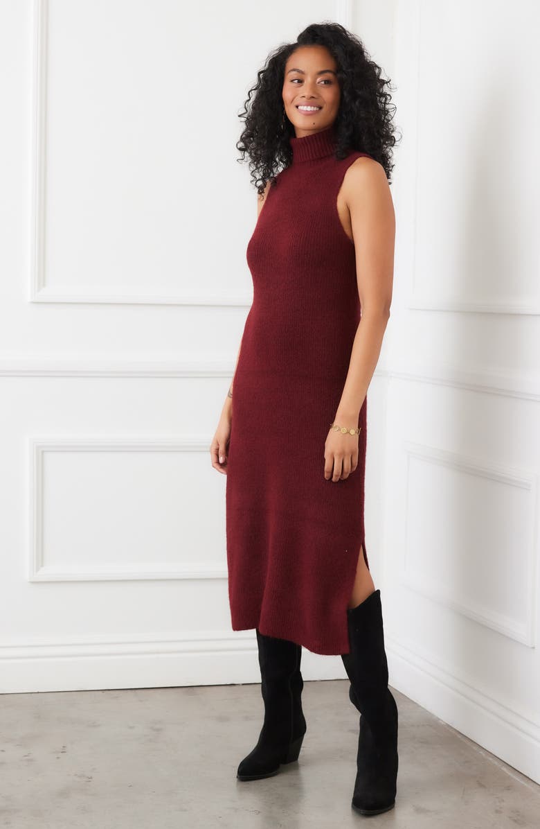 Karen Kane Turtleneck Sleeveless Sweater Midi Dress, Alternate, color, Wine Red