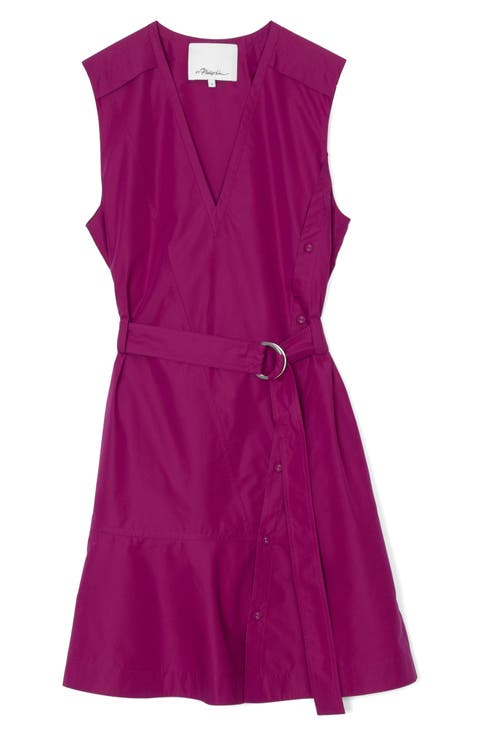 V-Neck Belted Cotton Blend Poplin Minidress