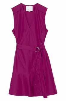 V-Neck Belted Cotton Blend Poplin Minidress