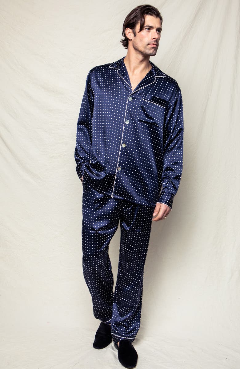 Petite Plume Navy Polka Dot Silk Pajamas, Alternate, color, 