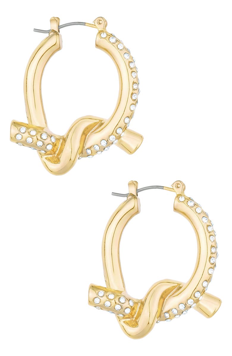 Ettika Crystal Knot Hoop Earrings, Main, color, Gold