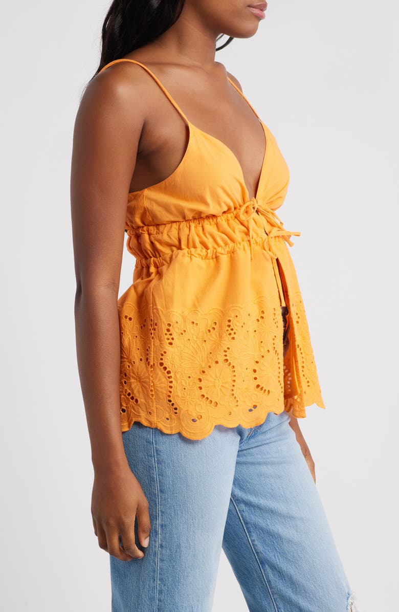 Topshop Embroidered Eyelet Tie Front Cotton Camisole, Alternate, color, Orange