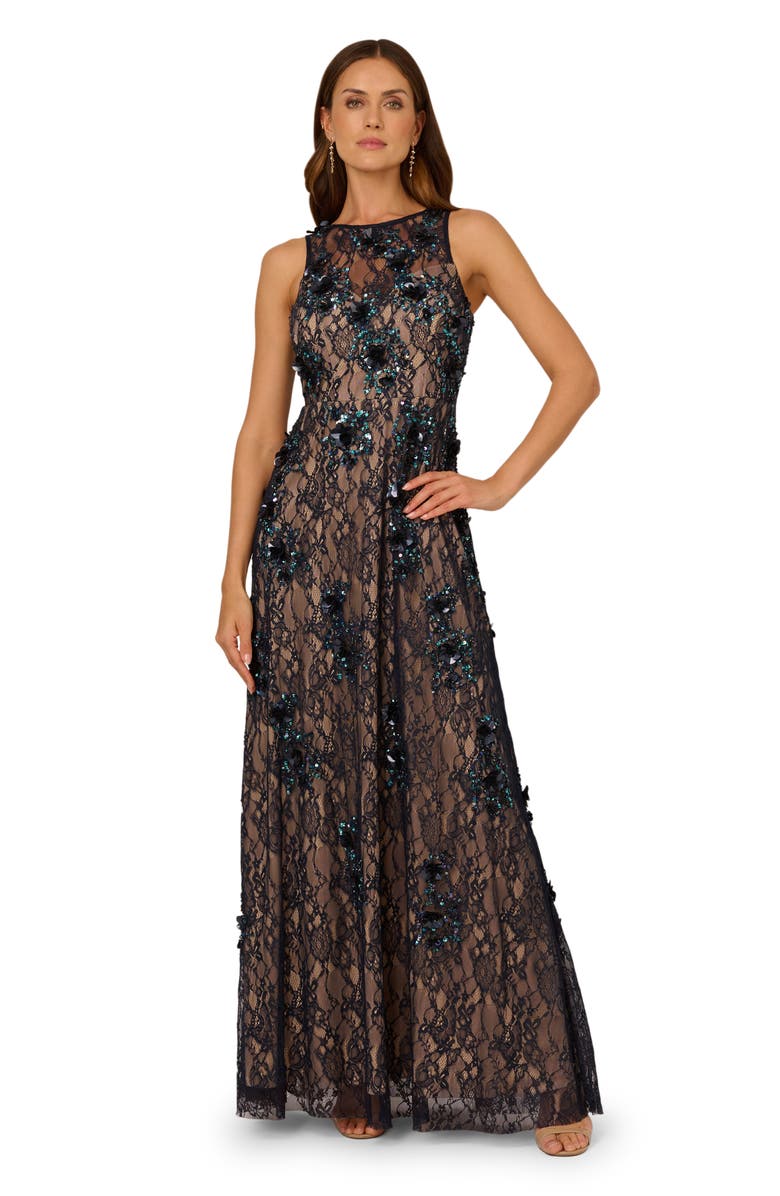 Adrianna Papell Sequin Lace Sleeveless Gown, Alternate, color, Midnight Multi/ Nude