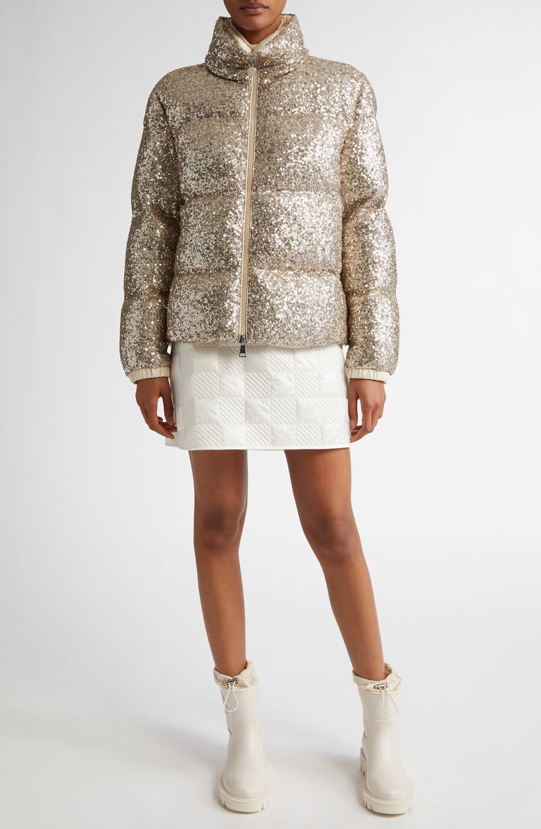 Moncler Anternes Sequin Down Puffer Jacket, Alternate, color, Yellow Gold