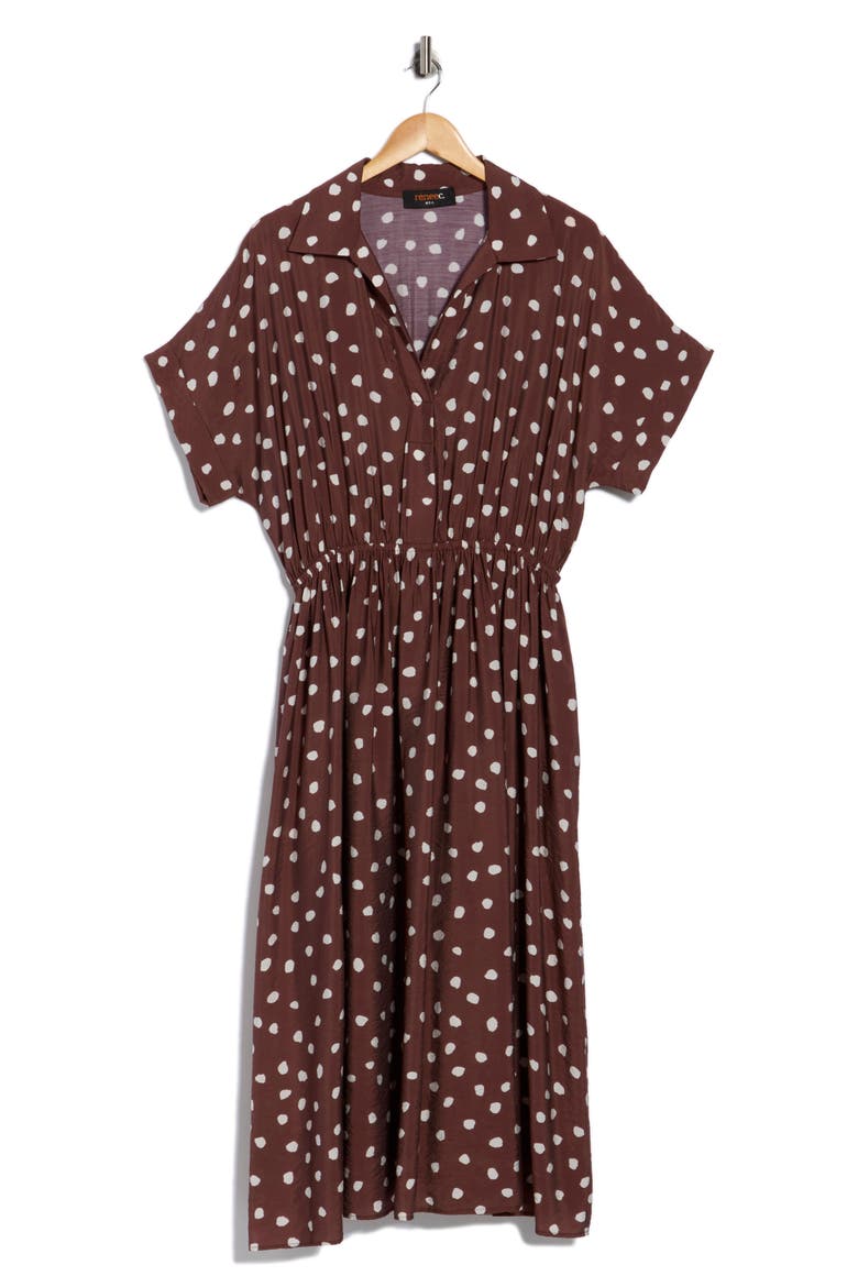 Polka Dot Short Sleeve Midi Dress, Alternate, color, BROWN