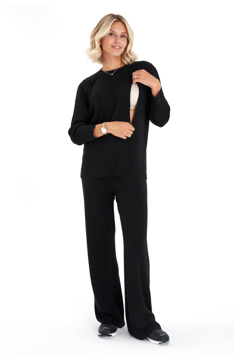 Accouchée Effortless Elegance Set with Rib Side Zip Long Sleeve Top & Lounge Pants, Alternate, color, Black