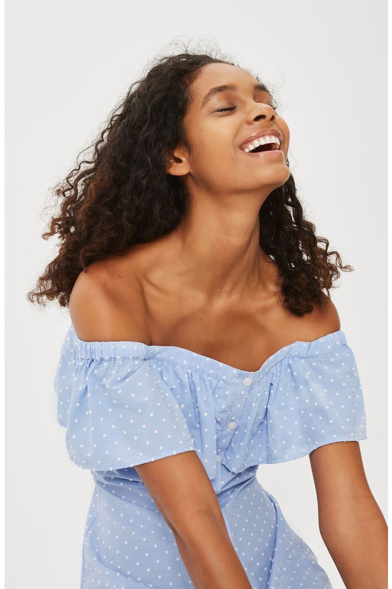 Dobby Dot Off the Shoulder Dress, Alternate, color, LIGHT BLUE MULTI