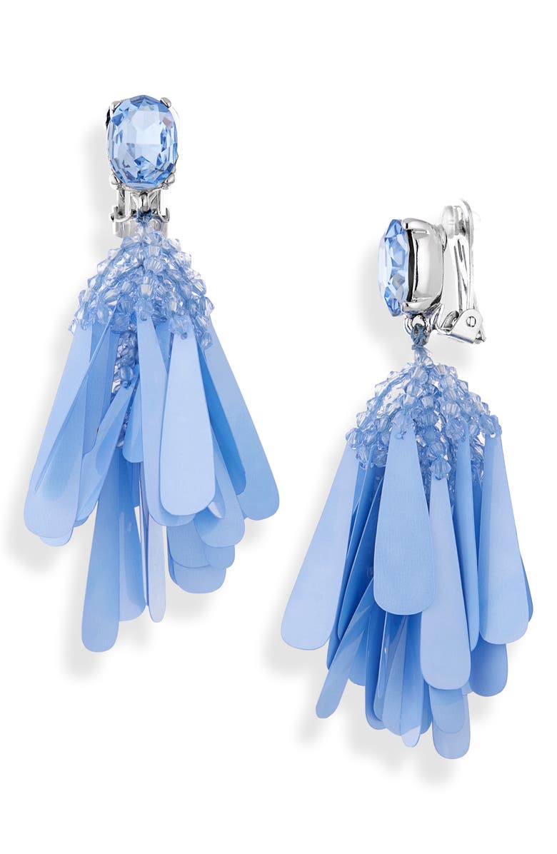 Oscar de la Renta Bead & Sequin Flower Cascade Clip-On Drop Earrings, Main, color, Aquamarine
