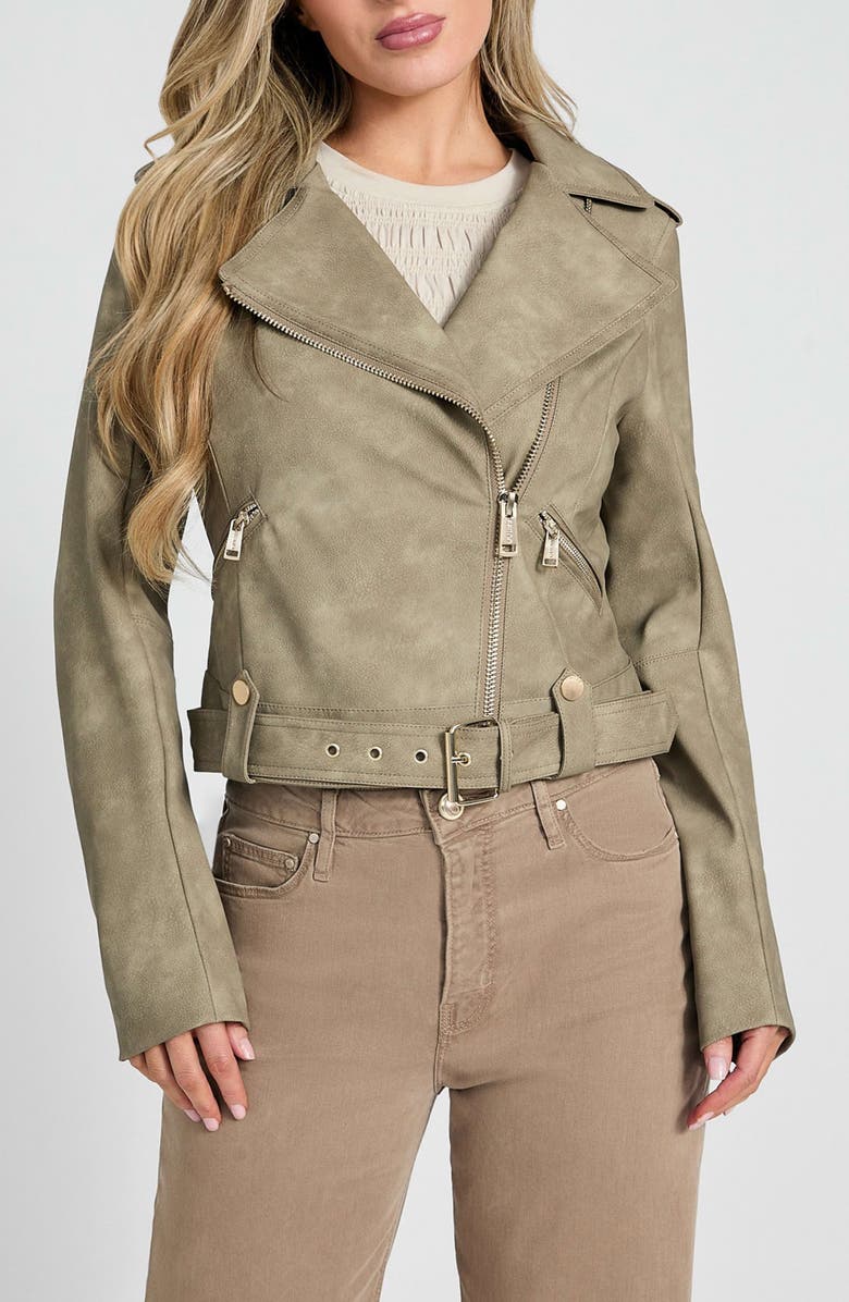 GUESS Concettta Moto Jacket, Main, color, Sage Leaf