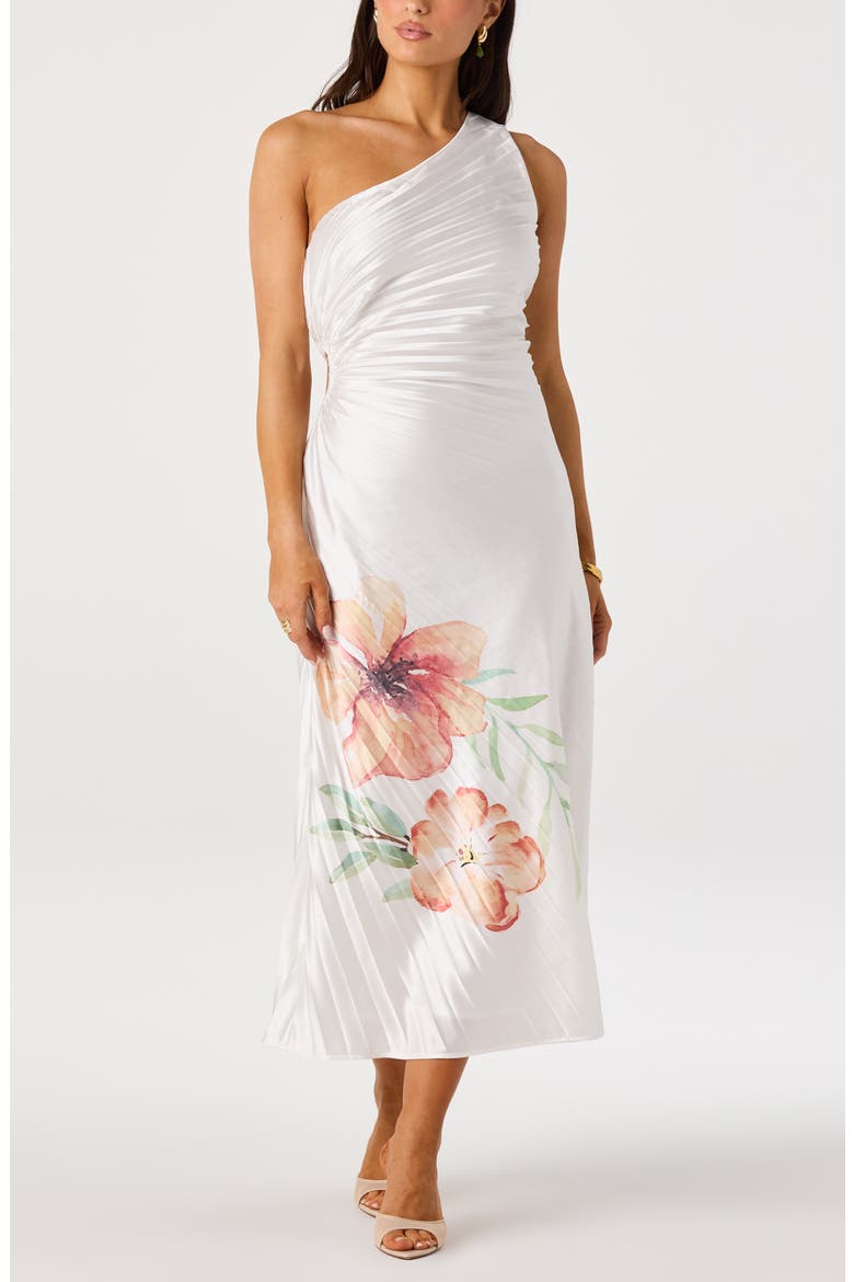 Cameron Pleated One-Shoulder Midi Dress, Main, color, WHITE ORANGE FLORAL