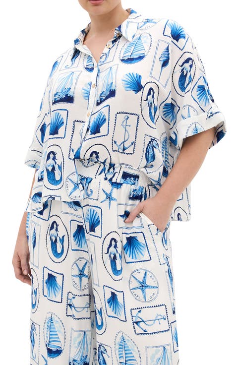 Liana Postcard Print Button-Up Shirt (Plus)