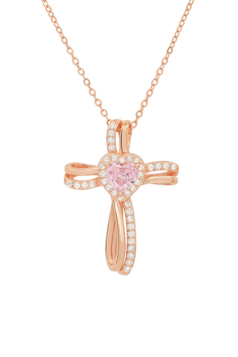 Sterling Silver CZ Heart Cross Pendant Necklace, Main, color, ROSE GOLD
