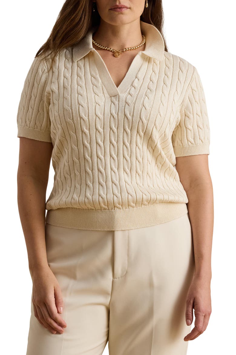 Cable Knit Short Sleeve Sweater, Alternate, color, WINTER CREAM