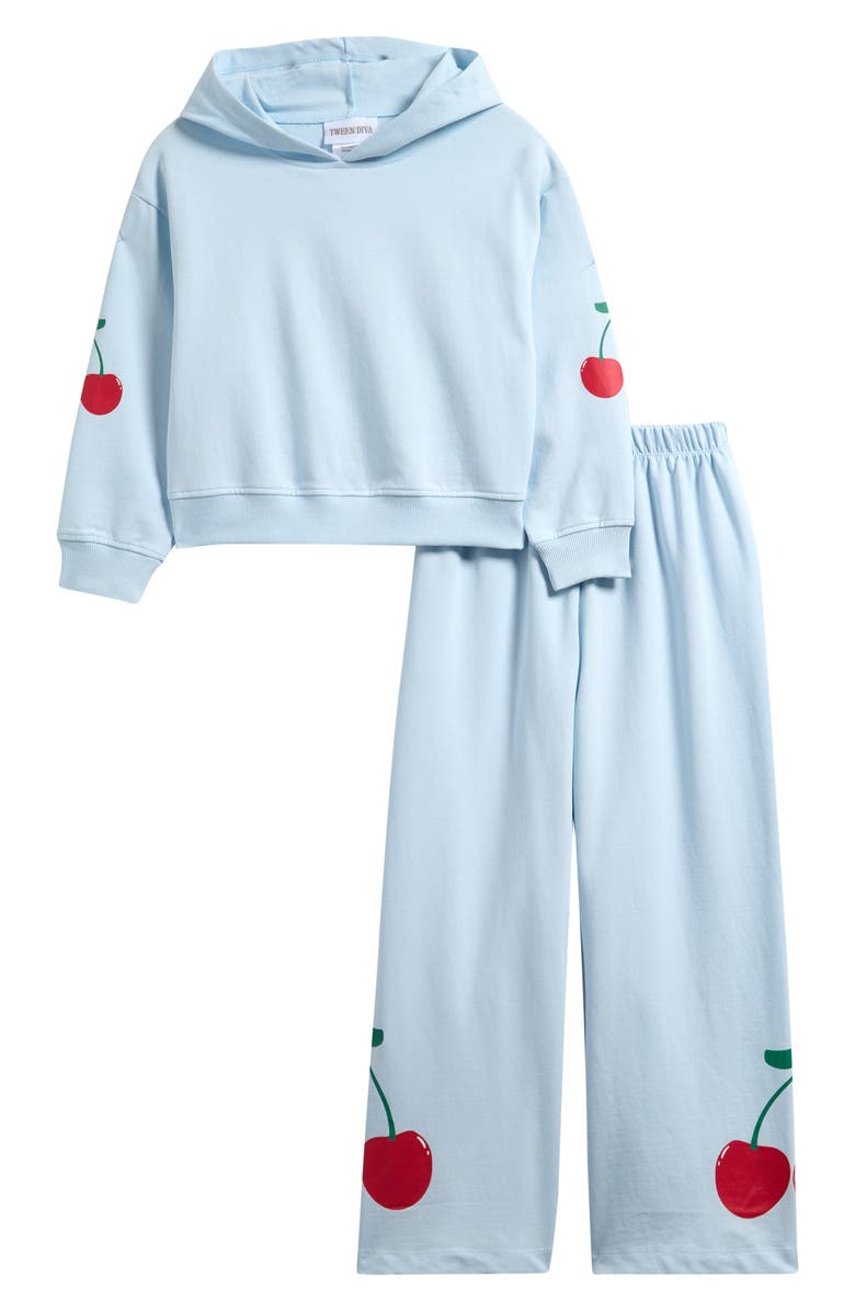 Tween Diva Kids' Cherry Hoodie & Sweatpants Set, Main, color, Light Blue