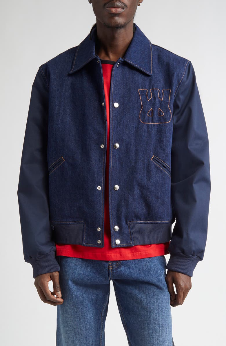 Wales Bonner Echo Mixed Meda Denim Varsity Jacket, Main, color, 