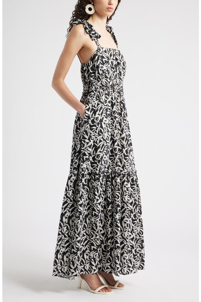 Tie Strap Floral Print Maxi Dress, Alternate, color, BLACK- IVORY ABSTRACT FOLIAGE