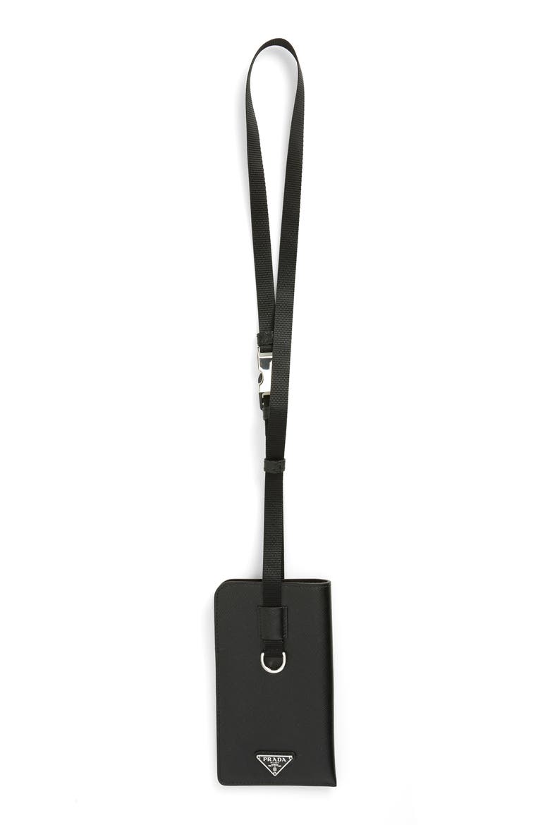 Saffiano Leather Lanyard Card Case, Alternate, color, BLACK