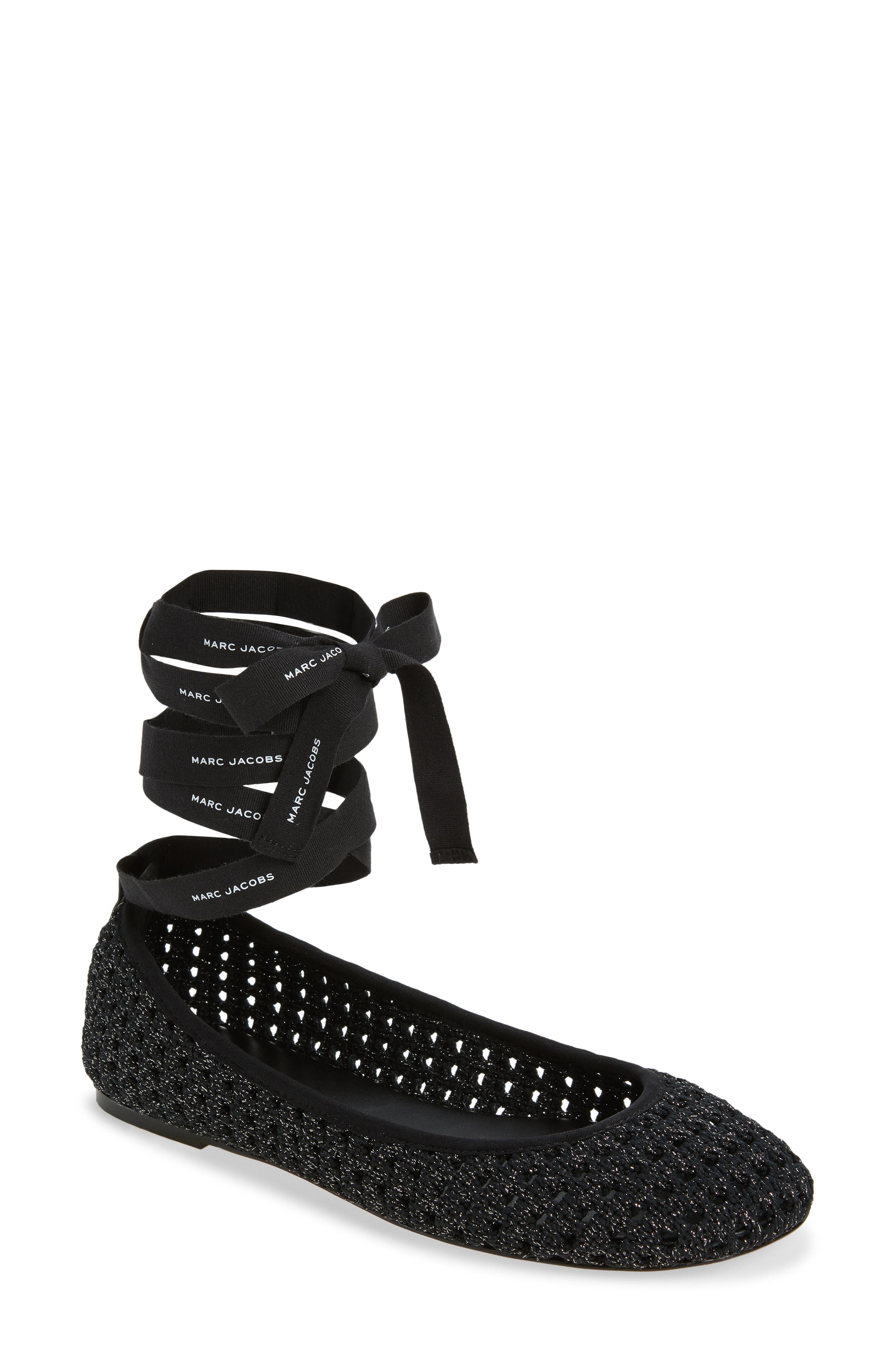 Marc Jacobs The Logo Ribbon Ballet Flat, Main, color, Onyx