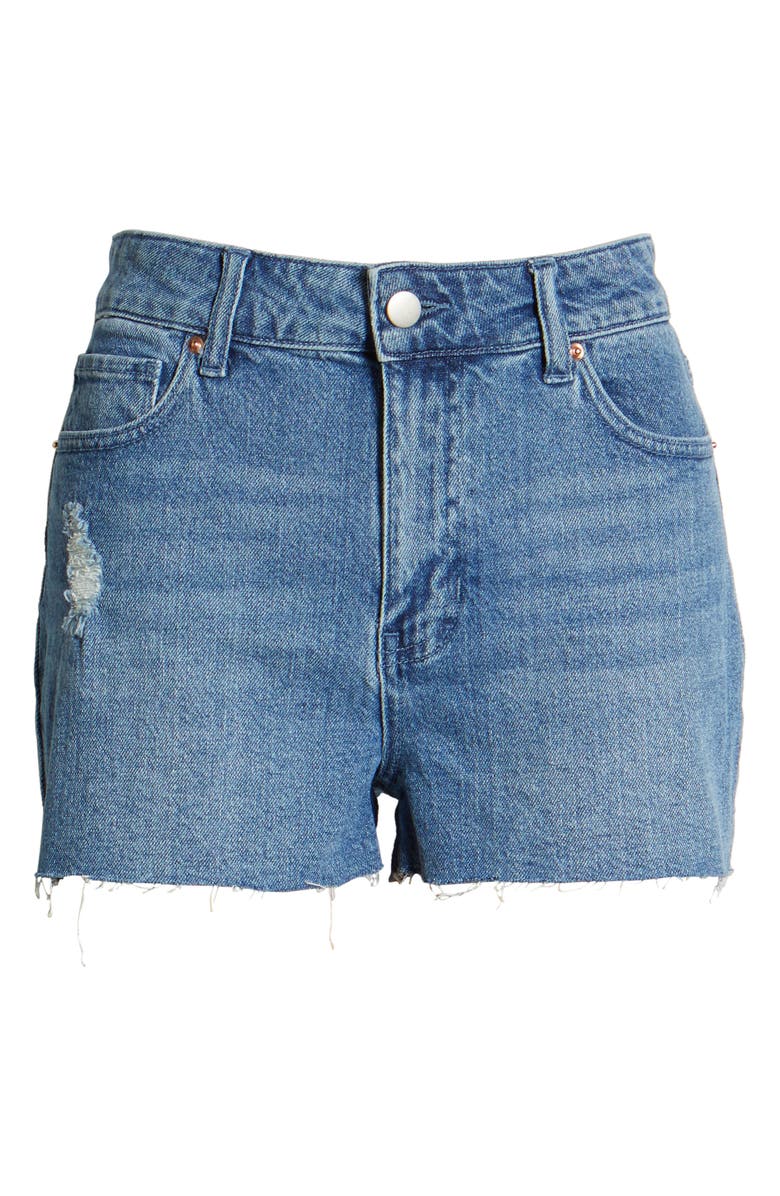 Prosperity Denim Distressed Fray Hem High Waist Denim Shorts, Alternate, color, 