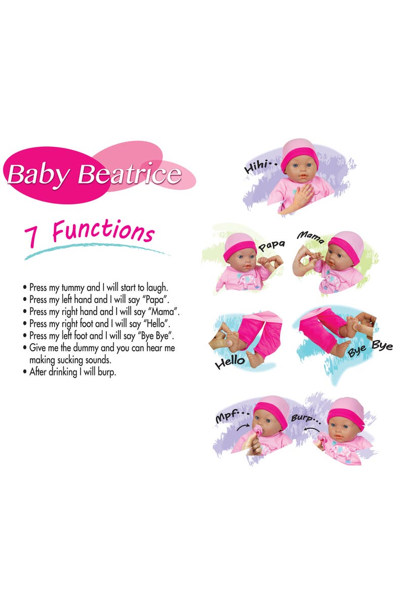 Lissi 16 Inch Interactive Baby Doll Beatrice, Hot Pink & Elephant Outfit, Cap, Alternate, color, Multicolored