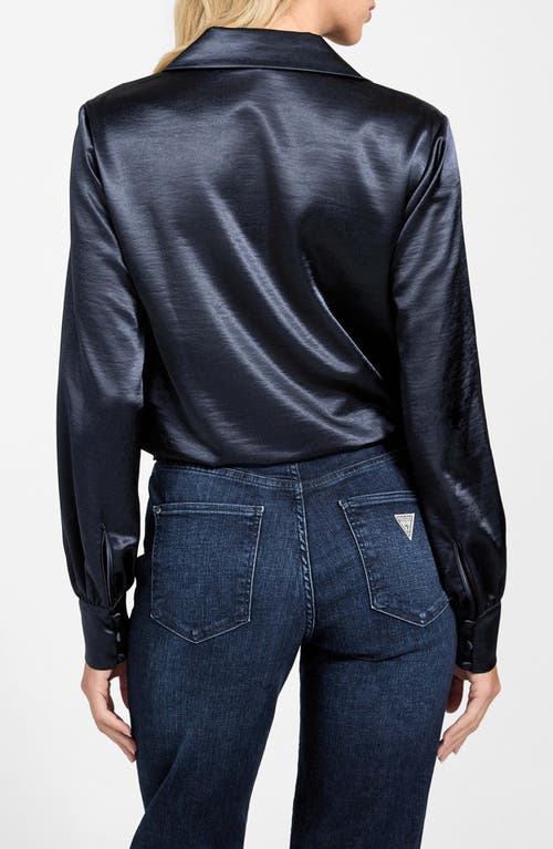 Guess Leah Long Sleeve Satin Bodysuit In Blue