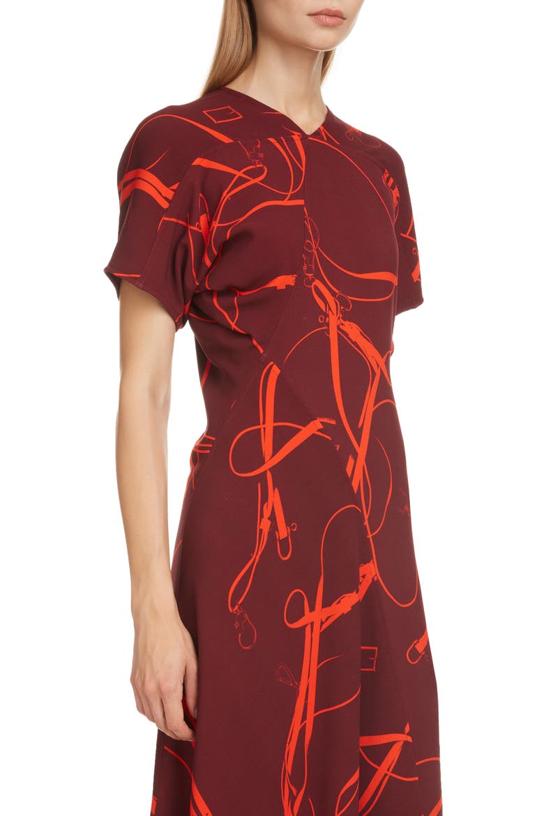 Bridle Print Crepe Midi Dress, Alternate, color, BORDEAUX/ ORANGE
