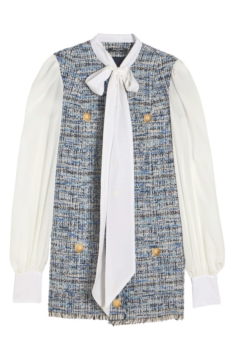 Balmain Tie Neck Long Sleeve Mixed Media Dress, Alternate, color, 