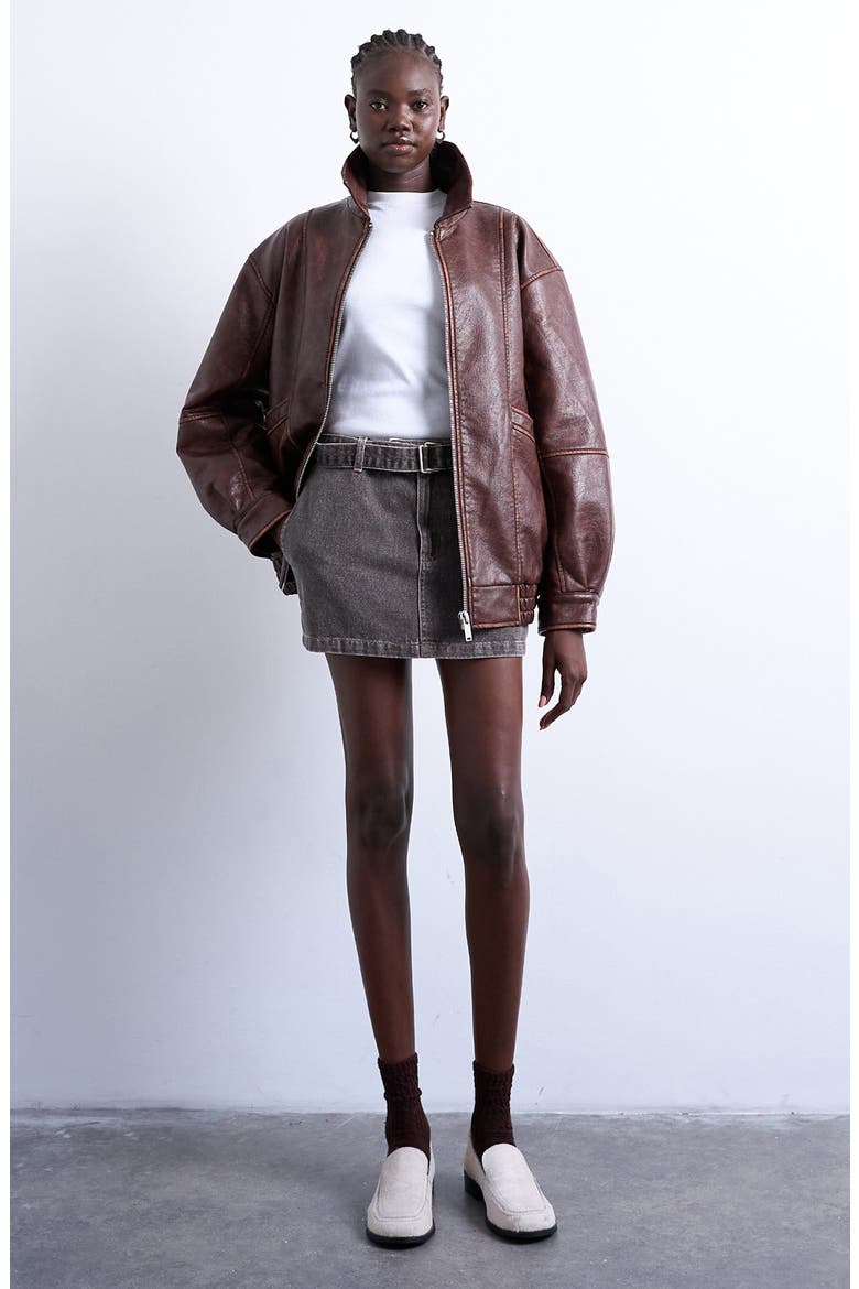 Oversize Faux Leather Bomber Jacket, Alternate, color, BROWN