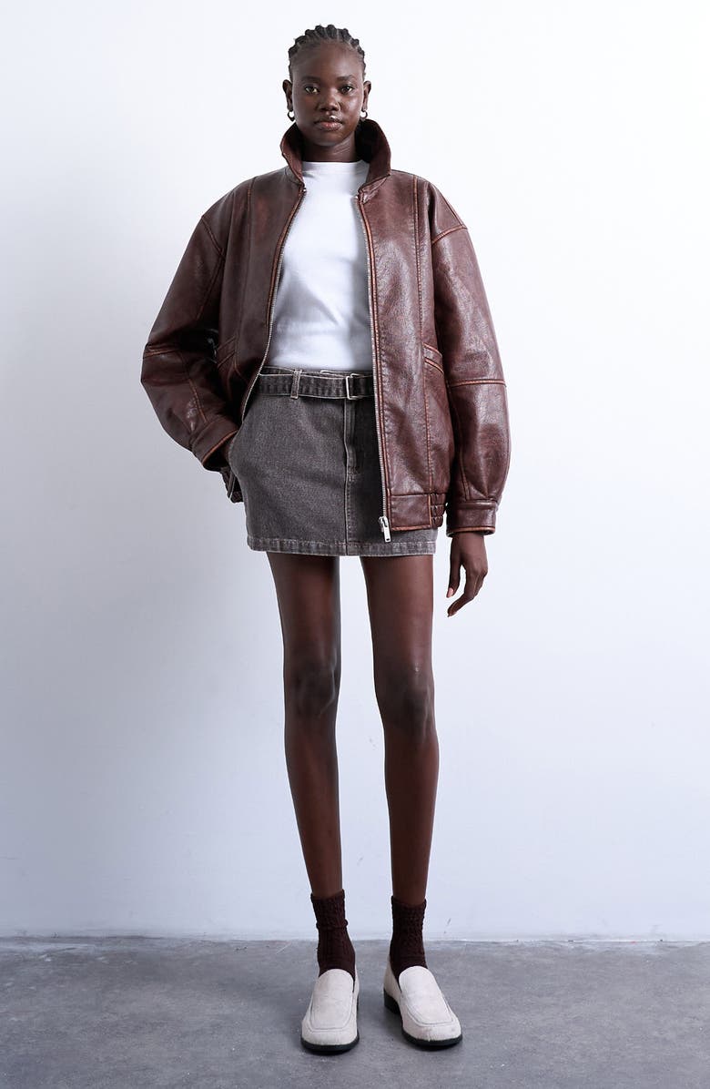 Topshop Oversize Faux Leather Bomber Jacket, Alternate, color, Brown