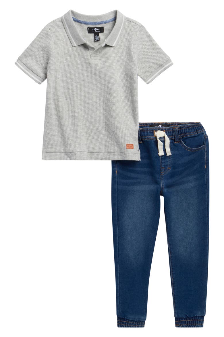 Kids' Waffle Knit Polo & Jeans Set, Main, color, HEATHER GRAY