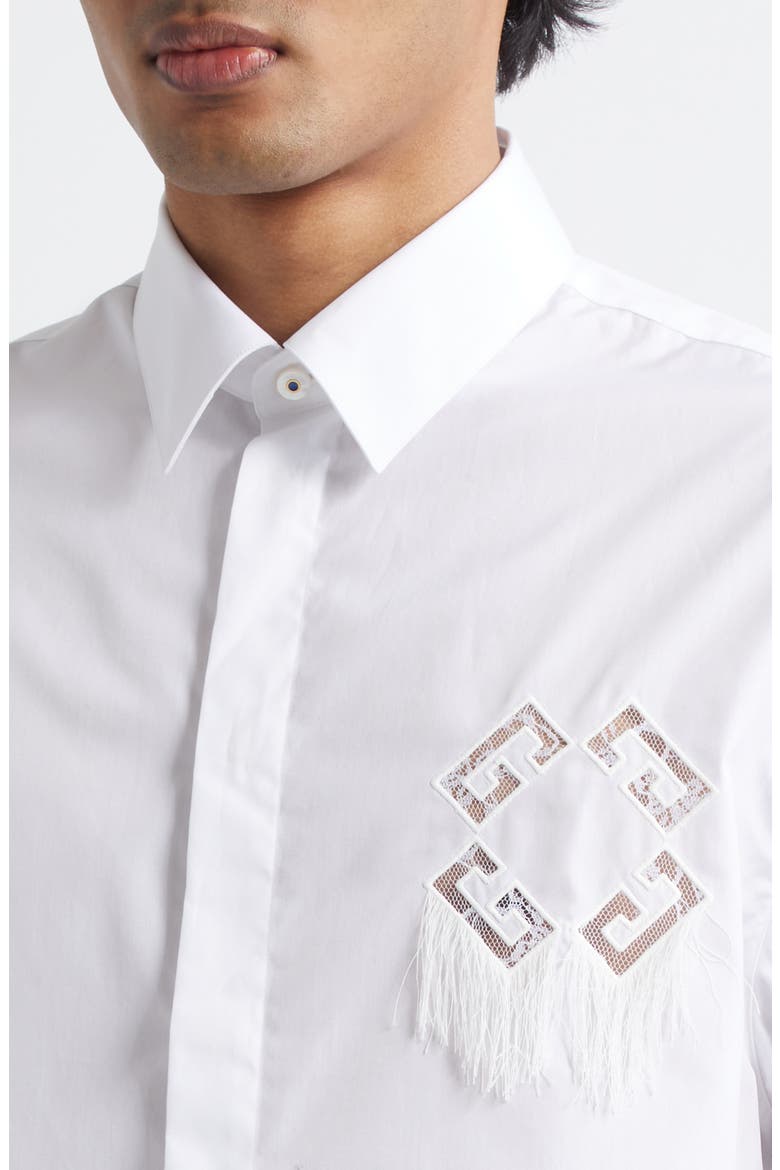 Dripping Cutout Logo Short Sleeve Cotton Button-Up Shirt, Alternate, color, WHITE