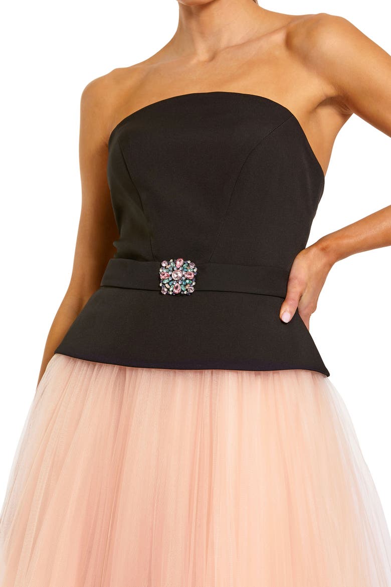 Strapless Midi Dress with Layered Tulle Skirt, Alternate, color, Black Pink