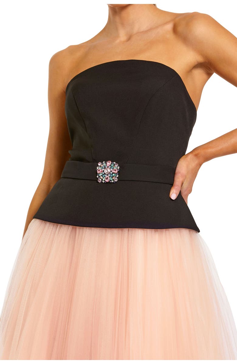 Mac Duggal Strapless Midi Dress with Layered Tulle Skirt, Alternate, color, Black Pink