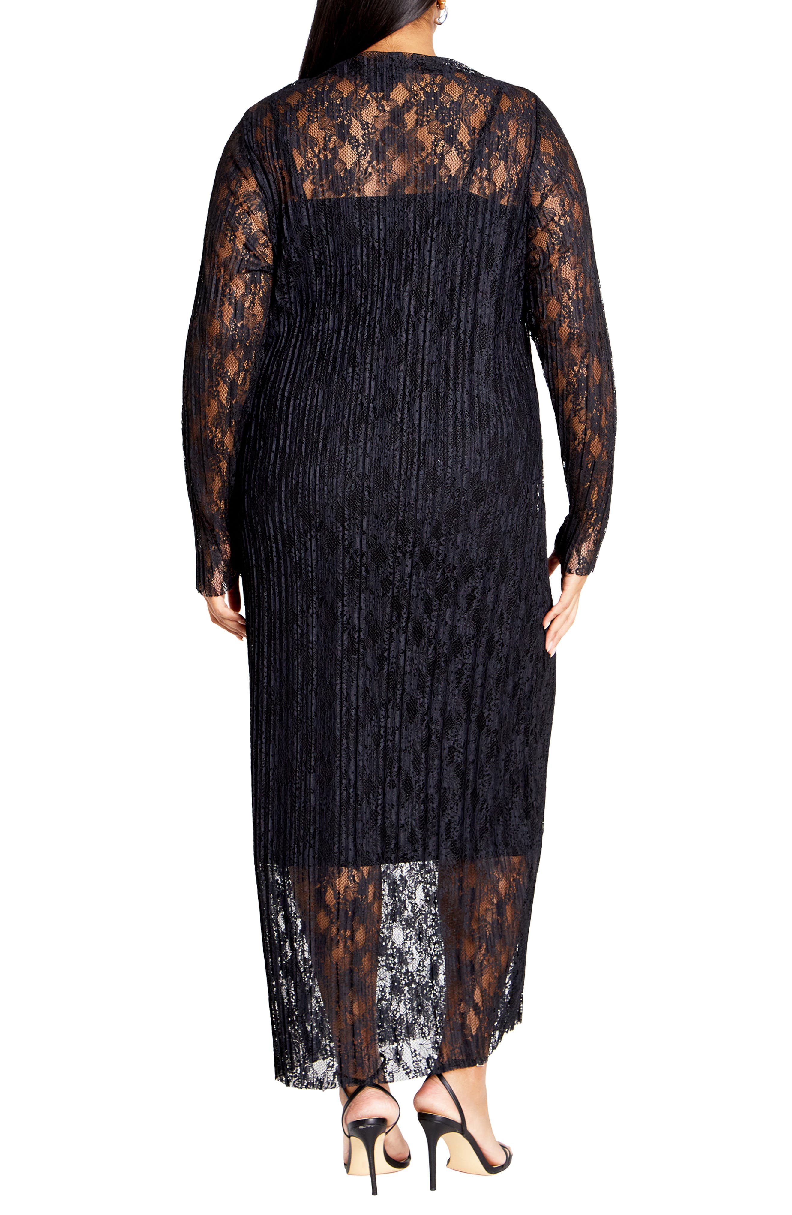 Long Sleeve Plisse Lace Sheath Dress - image 2