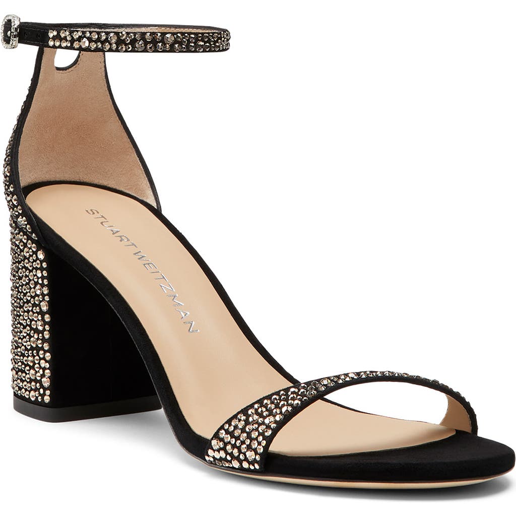 Stuart Weitzman Nudist Embellished Block Ankle-strap Sandals In Jet Hematite/black
