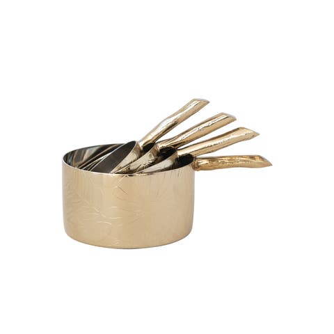 4-Piece Stainless Steel Measuring Cups with Etched Flowers and Twig Shaped Handles, Brass