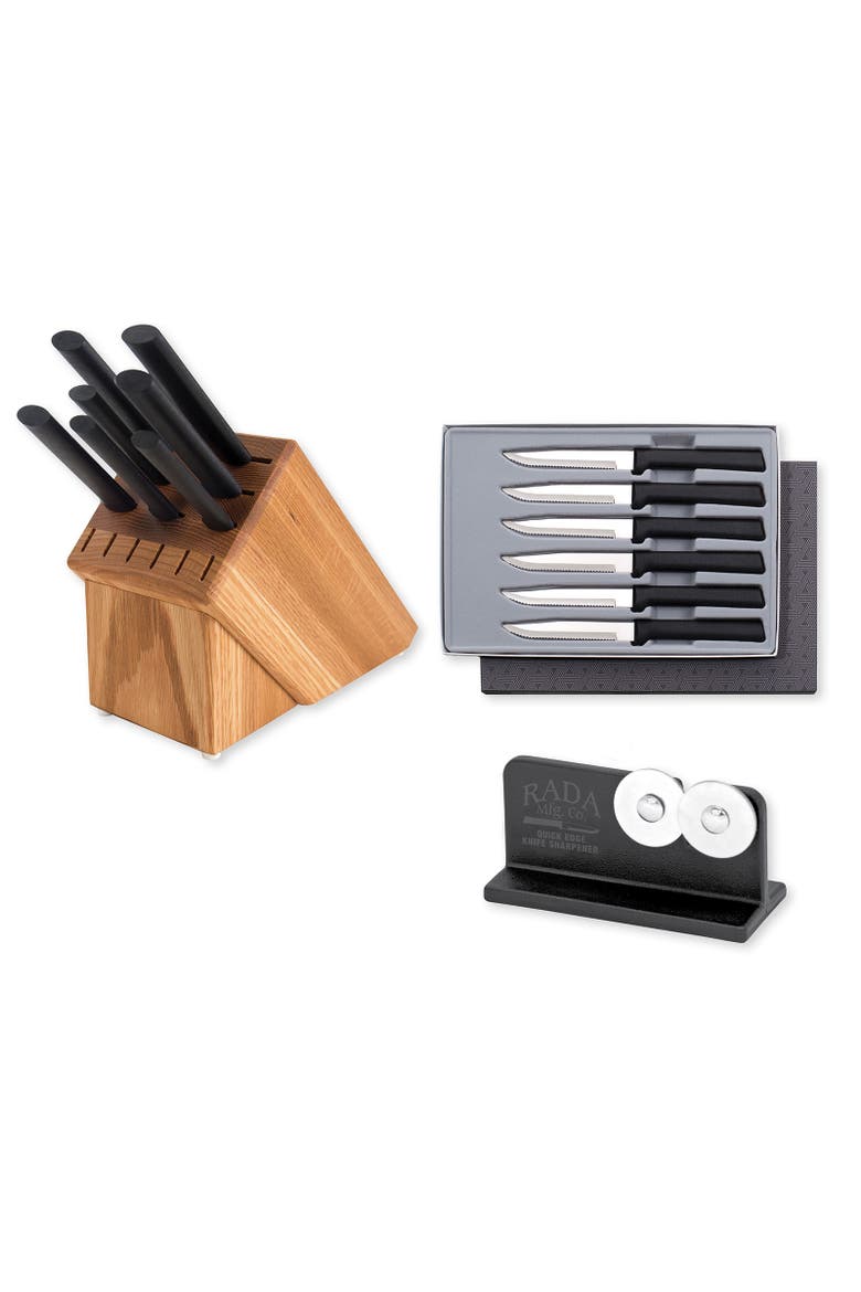 Essential Oak 8 Piece Knife Block Set with Knife Sharpener & 6 Piece Serrated Steak Knife Set, Silver Handles, Main, color, Black