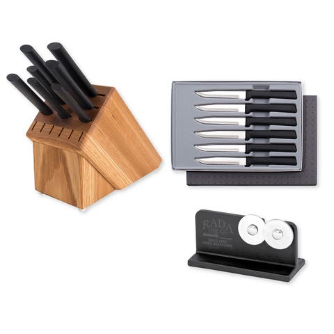 Essential Oak 8 Piece Knife Block Set with Knife Sharpener & 6 Piece Serrated Steak Knife Set, Silver Handles