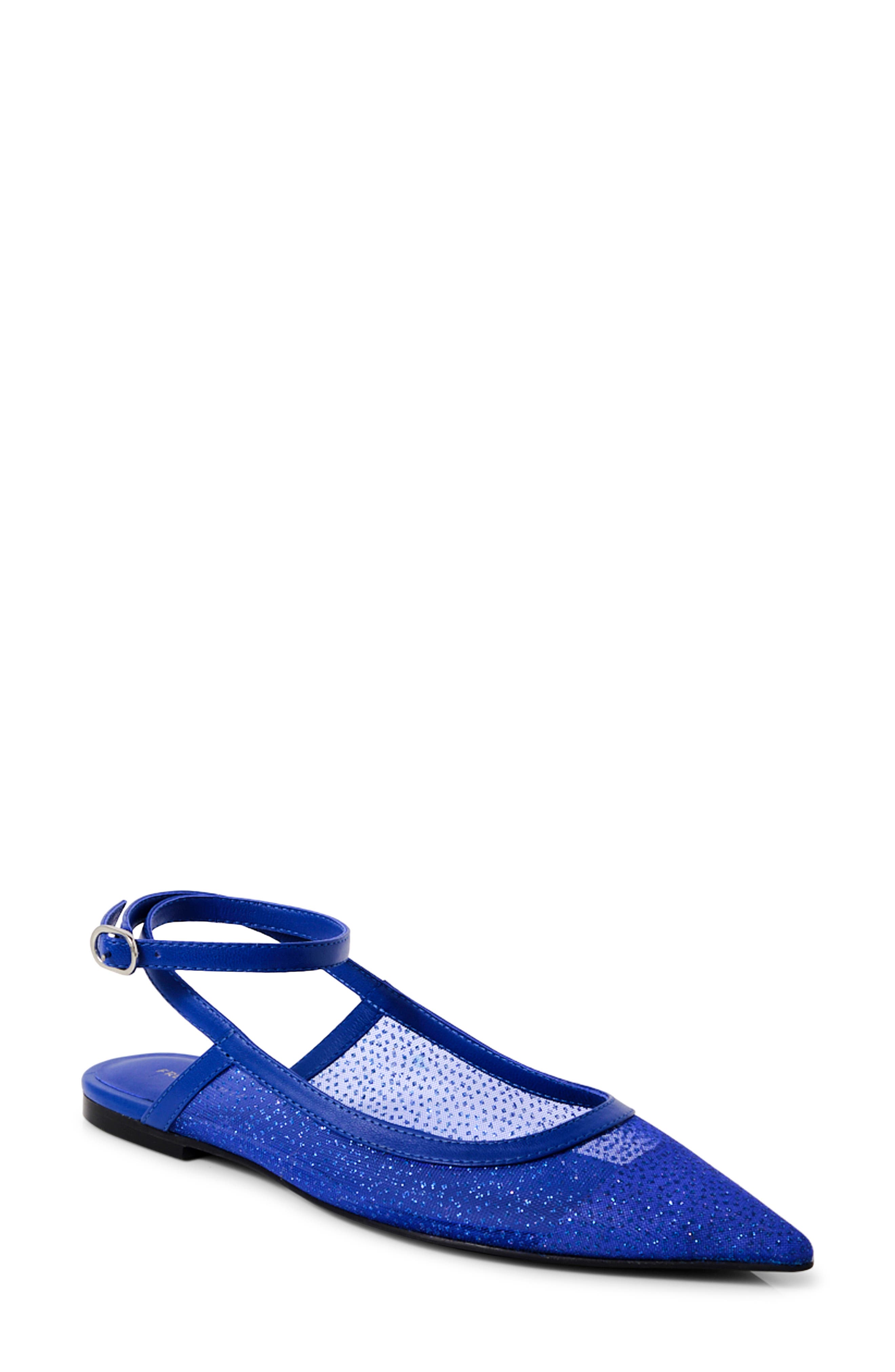 Free People Jules Glitter Mesh Pointed Toe Ankle Strap Flat, Main, color, Bright Navy