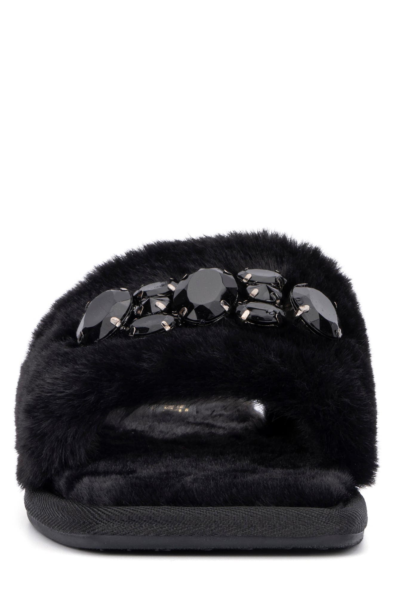 TORGEIS Isabella Embellished Faux Fur Slipper, Alternate, color, Black