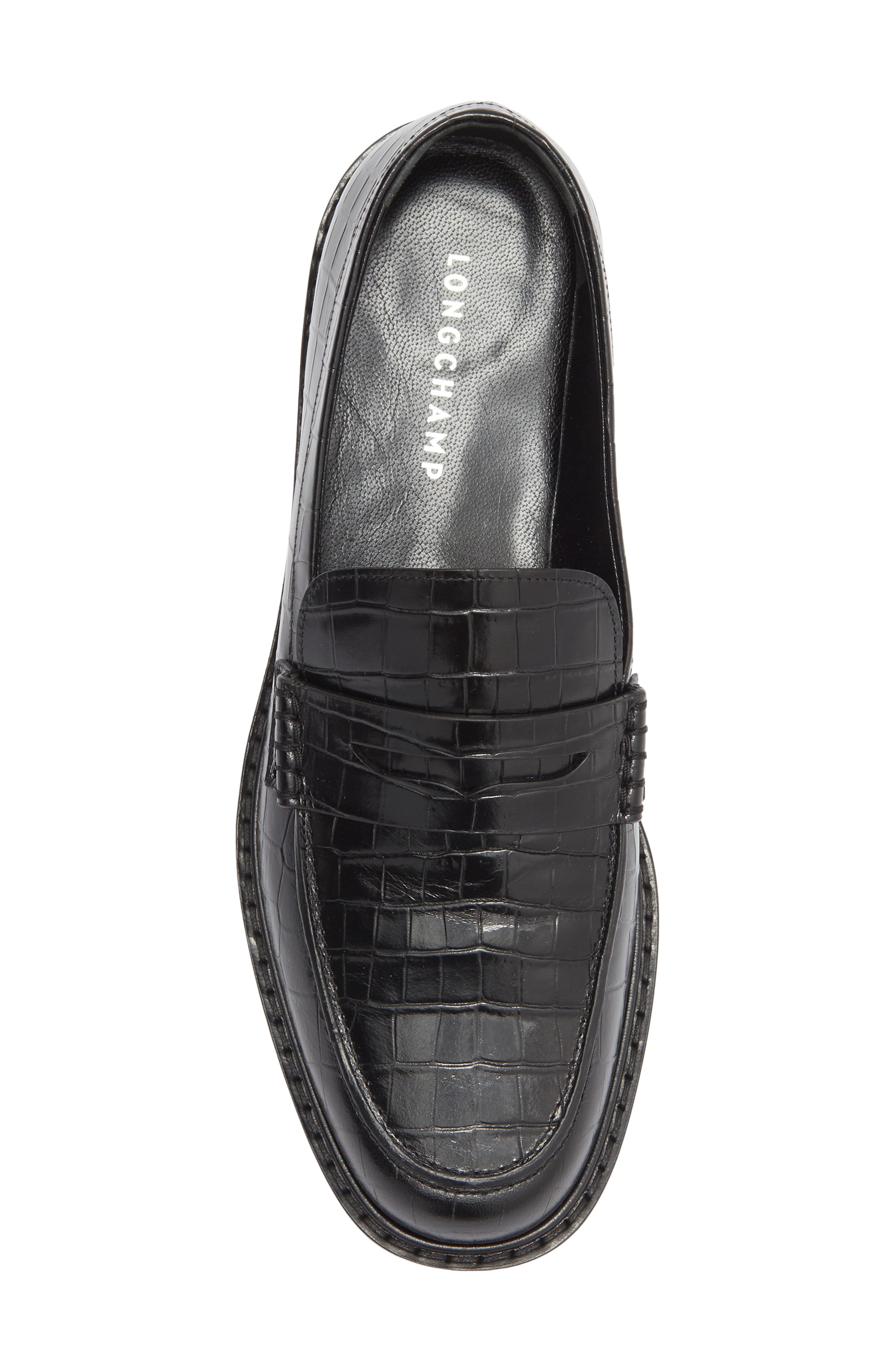 Longchamp Croc Embossed Penny Loafer, Alternate, color, Black