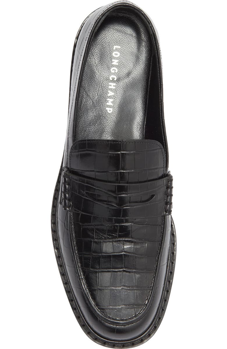 Longchamp Croc Embossed Penny Loafer, Alternate, color, Black