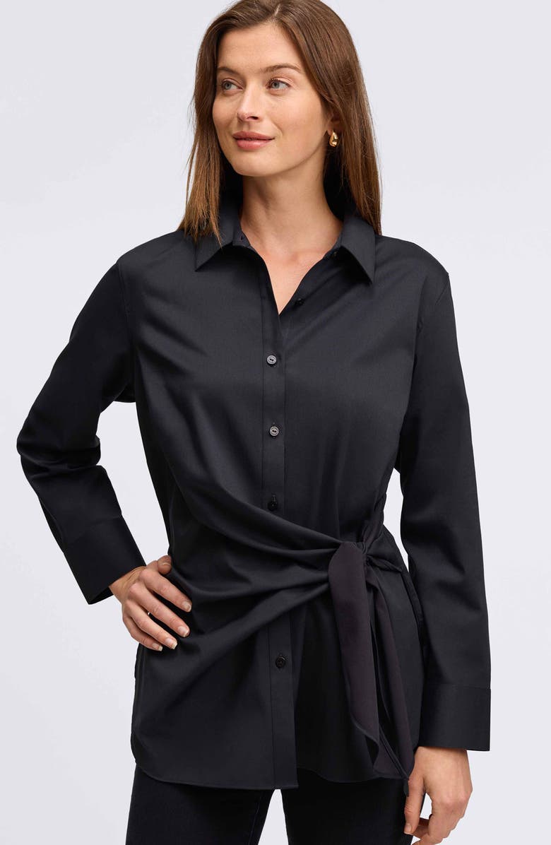 Foxcroft Sabine Side Tie Button-Up Shirt, Alternate, color, Black